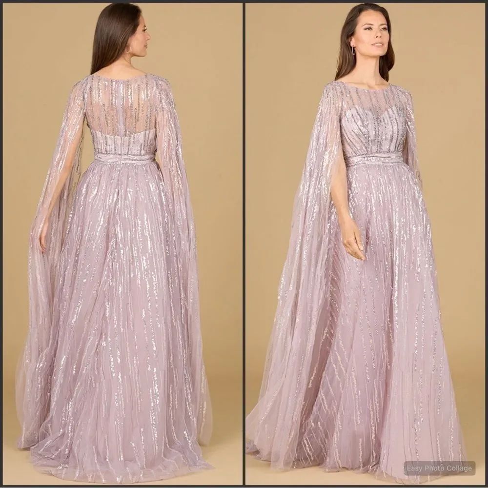 LARA A Line Gown With Long Cape Sleeves
